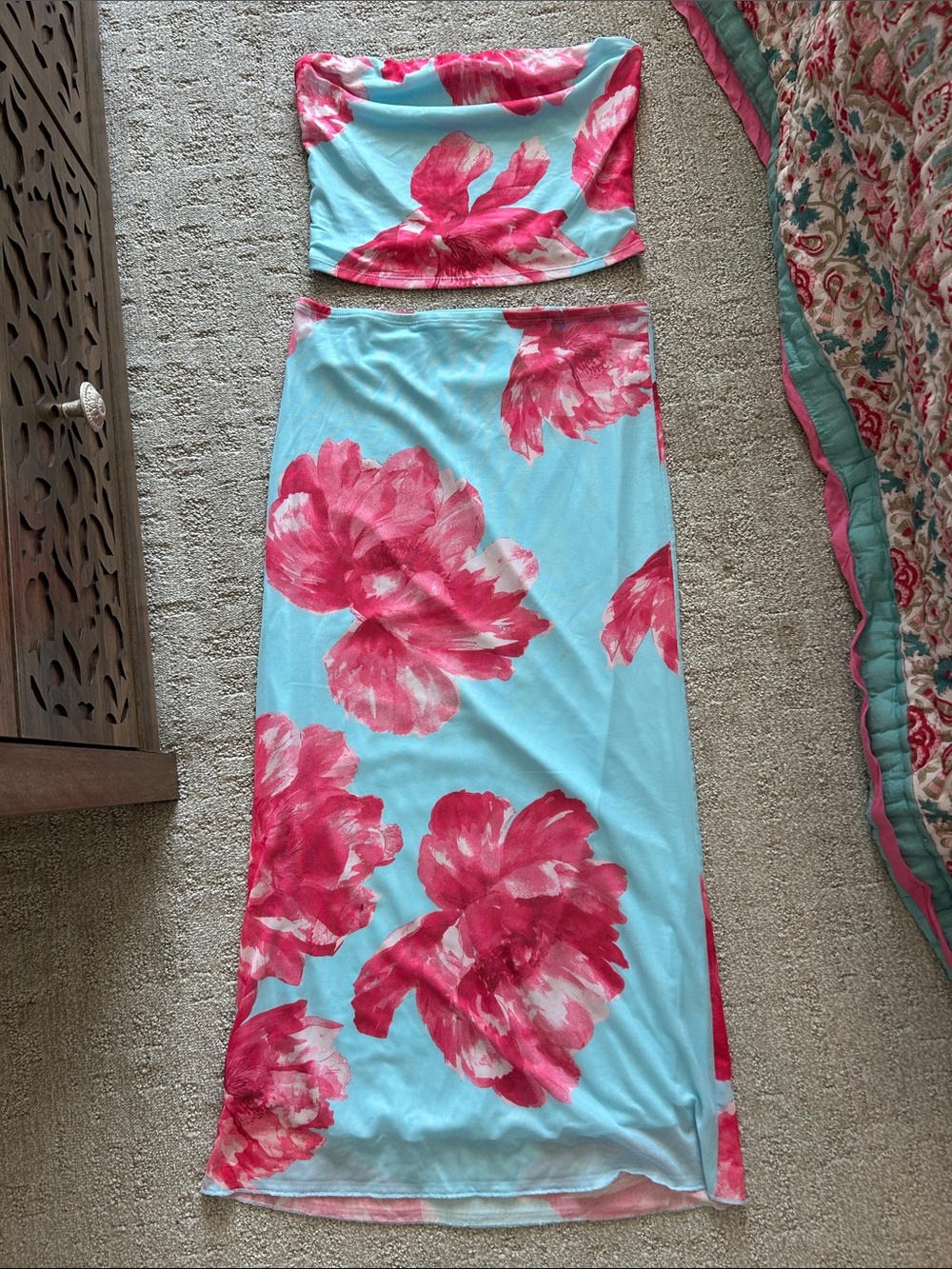 Women’s Light Blue Floral Maxi Skirt Set